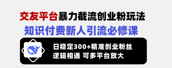 交友平台暴力截流创业粉玩法，知识付费新人引流必修课，日稳定300+精准创业粉丝，逻辑相通可多平台放大-一品创网