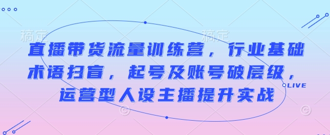 直播带货流量训练营，行业基础术语扫盲，起号及账号破层级，运营型人设主播提升实战-一品创网